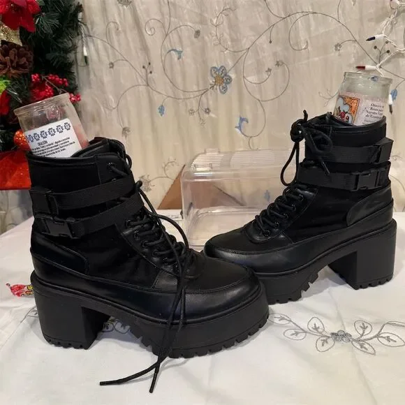 French connection  Women's Black Chunky Platform Boots Size 9 Lace & Buckle - Picture 8 of 12